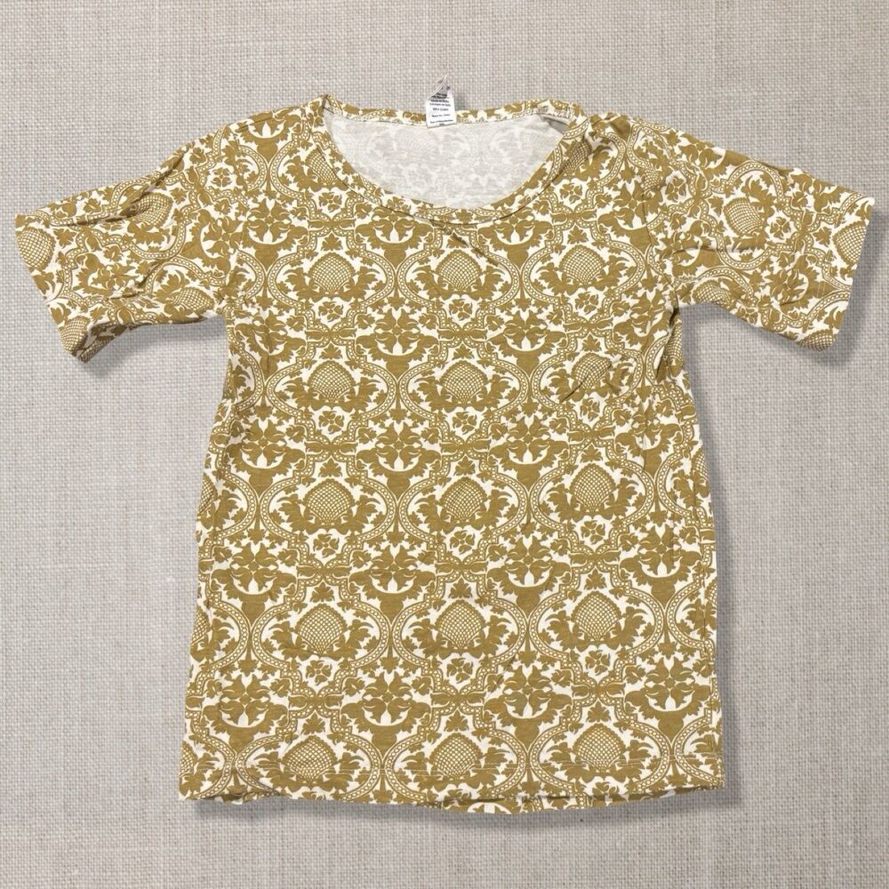 Kate Quinn Organic Cotton Shirt 7Y Mustard Damask Print Short Sleeve Top